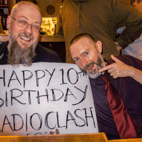 Radio Clash The End animated gif - Tim and Kirk holding a sign saying happy Birthday Radio Clash then Goodbye That's All Folks - eclectic mashup mix music podcast