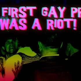 RC 306: The First Pride Was a Riot And Other Stories Stonewall 50th themed podcast LGBTQ themes and radical queer music - cover art is a photo on that night with pink text